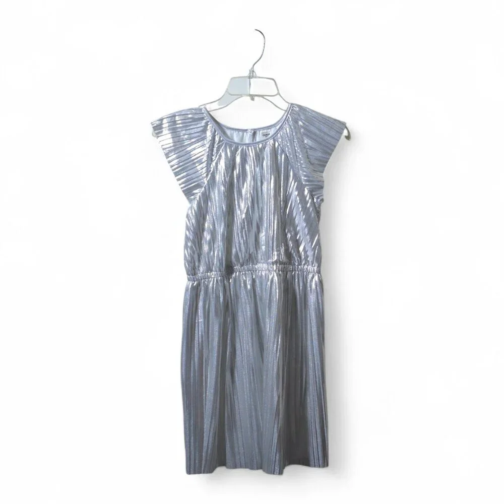 OshKosh B’gosh Silver Metallic Pleated Party Dress Girls 12 Holiday Sparkle